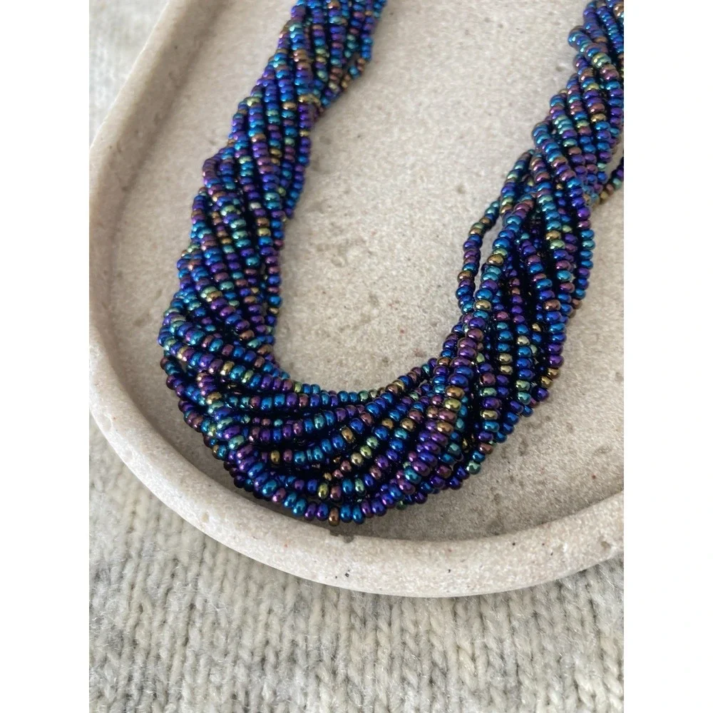 Iridescent Seed Bead Necklace‎ Multi Strand Twisted Peacock Blue Purple Chunky